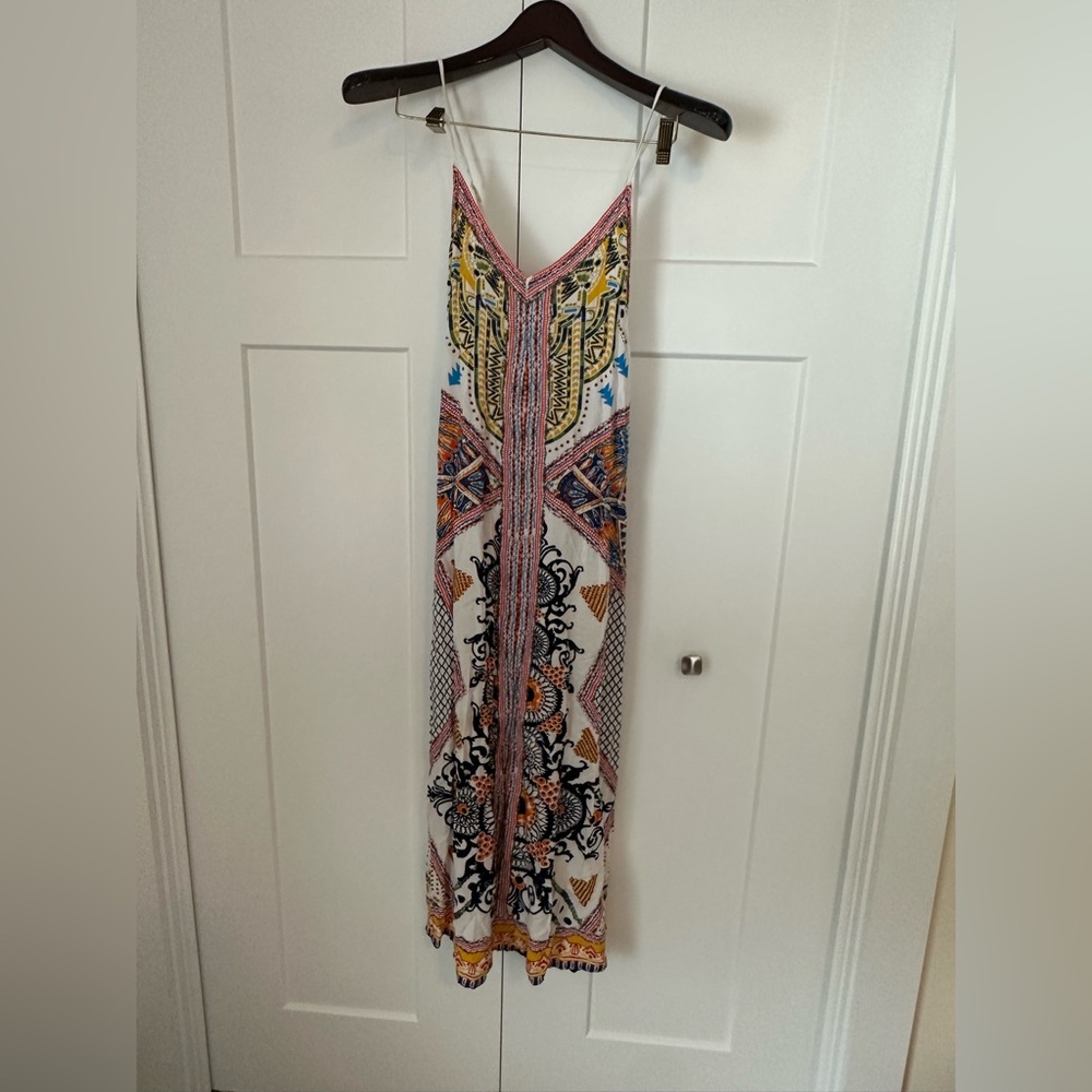 Jealous Tomato White Strappy Maxi Dress with Multicolor Boho Aztec Print M